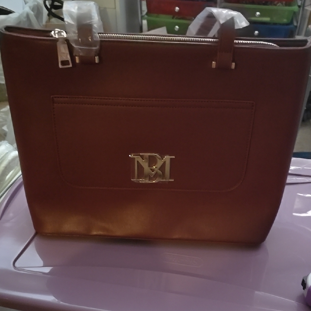 Badgley Mischka Brown Leather Shoulder Tote with Silver Logo